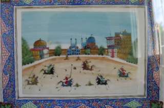Antique Persian miniature Painting polo / Chaugan players Signed Inlay 