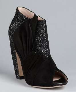 Miu Miu black glitter covered leather curved heel ankle boots 
