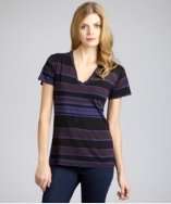 Monrow navy striped stretch cotton v neck t shirt style# 318450801
