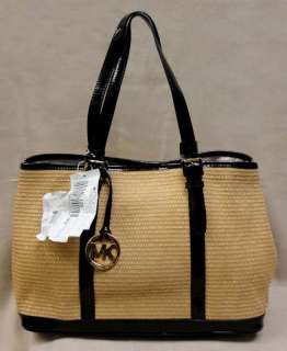 AUTH MICHAEL KORS LILLY STRAW & BLACK PATENT LEATHER LG TOTE BAG  MSRP 
