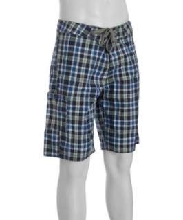 Relwen navy plaid cotton surf shorts   