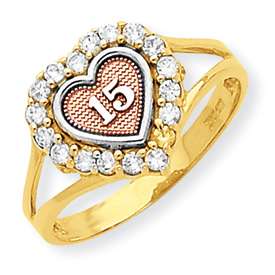 10k Two tone Gold Sweet 15 Heart Cubic Zirconia Ring Available in 