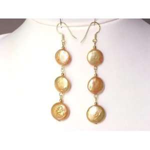  14mm Golden Coin Pearls Dangle Earrings 14k Yellow Gold 