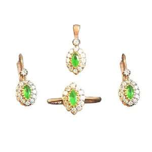 14k Gold Plated Sterling Silver Emerald Set Earrings, Ring, Pendant 
