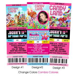 El boletos de la invitación de Candyland Quinceanera invita a la 