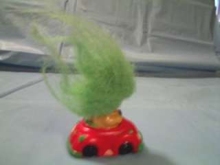 RUSS TROLL DOLL WITH CHRISTMAS CAP HAT IN RED & GREEN WIND UP CAR TOY 