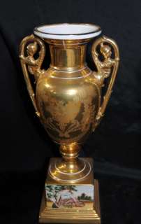 Pair Gold Dresden German Porcelain Roman Urns Vases  