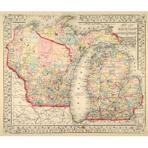  1872 Map Michigan Wisconsin State Counties U.S. Antique 