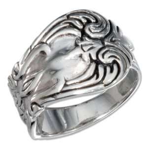  Sterling Silver Spoon Ring with Flowers and Antiqued 