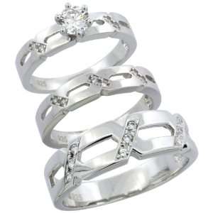 Sterling Silver 3 Piece His 6.5 mm & Hers 4 mm Trio Wedding Ring Set 