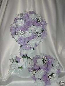 LILAC WHITE WEDDING FLOWERS SILK BRIDAL BOUQUETS 23 PC  