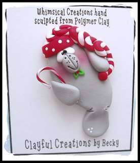 Beckys Polymer Clay   Manatee w/Candy Cane PIN  